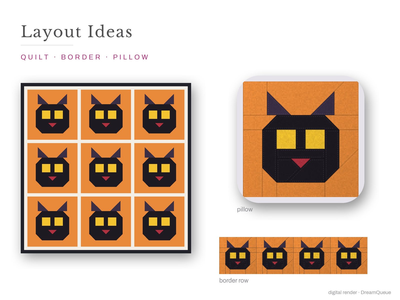 Layout ideas for the Scaredy Cat quilt block: a full quilt, a border row and a pillow
