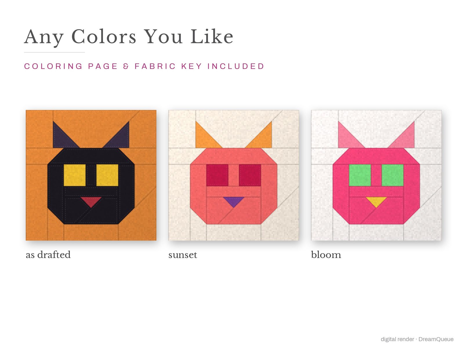 The Scaredy Cat quilt block in three colorways, as drafted, pastel and jewel tones; a coloring page and fabric key are included