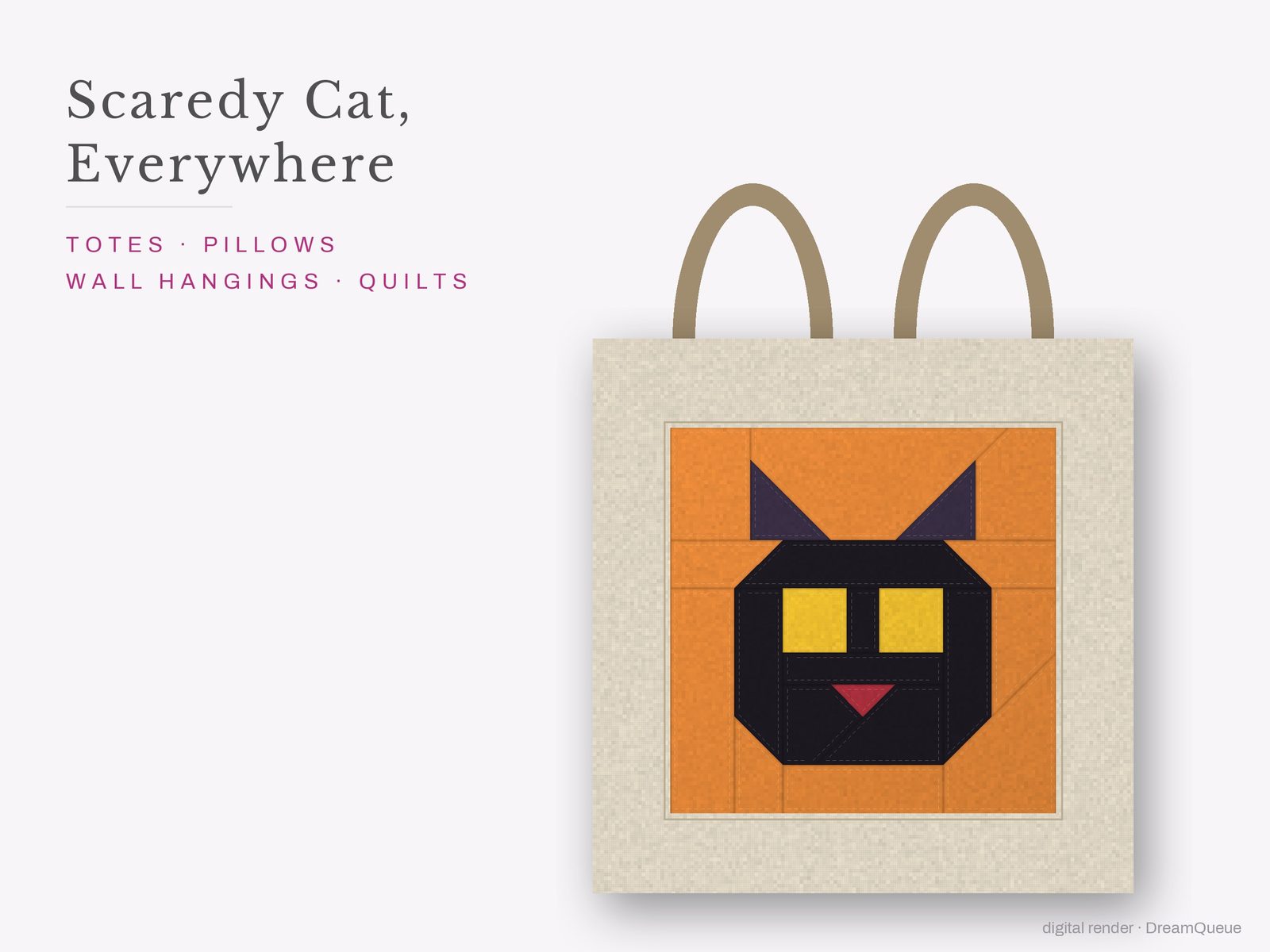 The Scaredy Cat quilt block sewn into a tote bag, one idea for totes, pillows, wall hangings and quilts