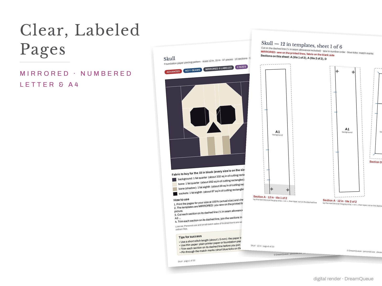 Cover page and a mirrored, numbered template sheet from the Skull quilt block FPP pattern
