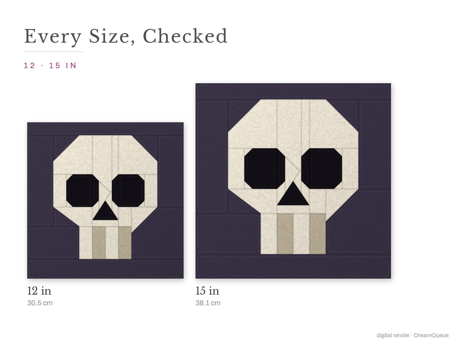 The Skull quilt block at every finished size: 12 and 15 inch