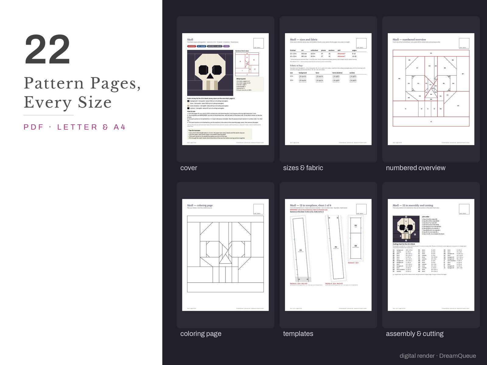 Thumbnails of the Skull quilt block pattern pages: cover, size and fabric chart, numbered overview, coloring page, templates, assembly and cutting chart