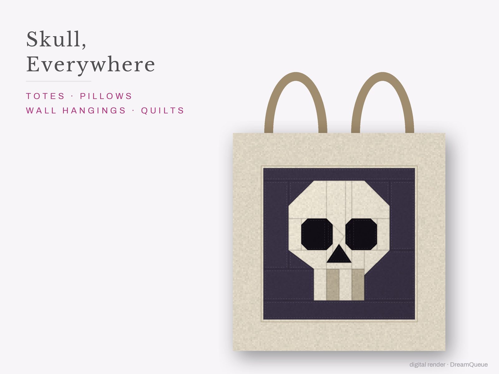 The Skull quilt block sewn into a tote bag, one idea for totes, pillows, wall hangings and quilts