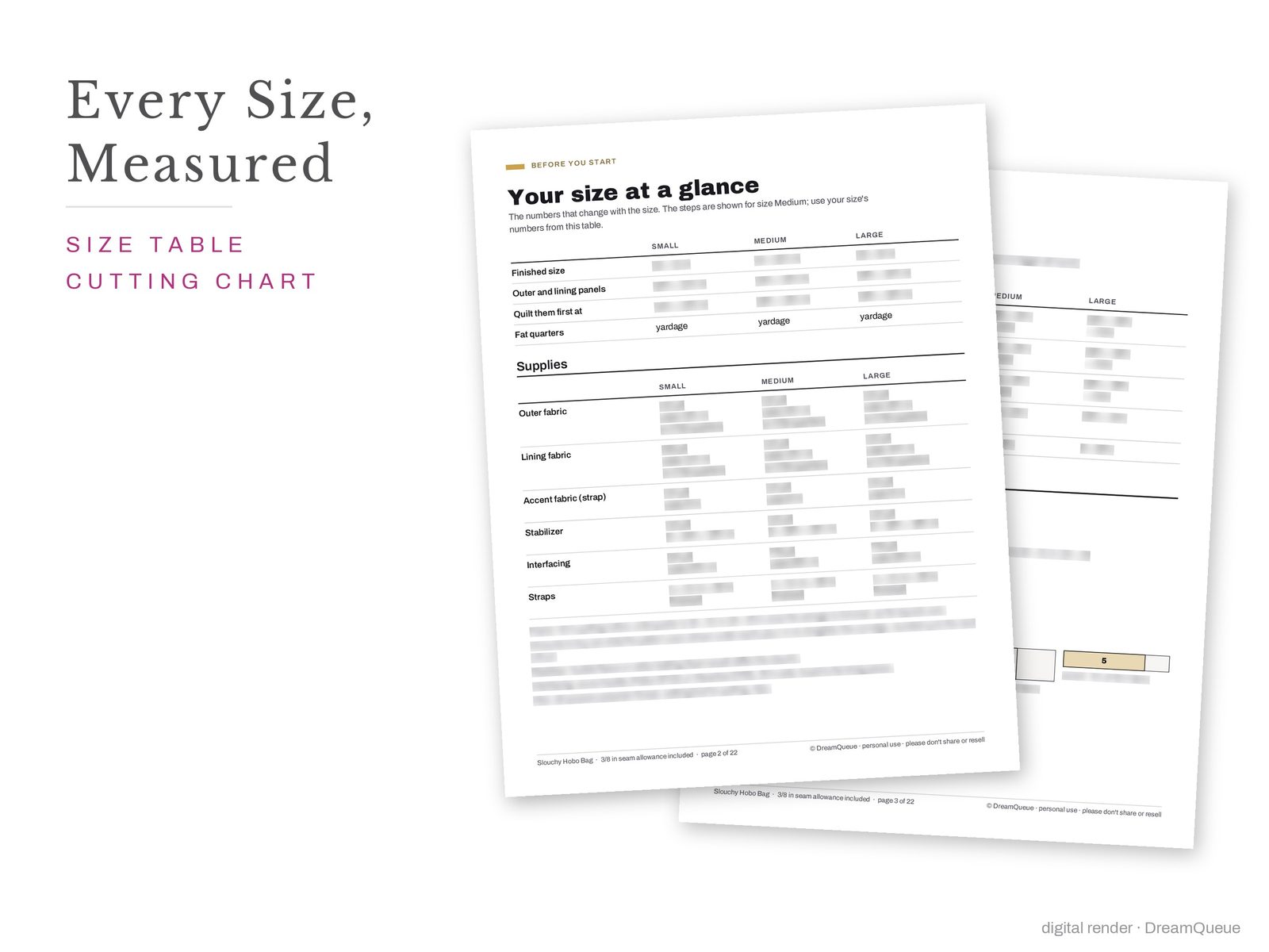 Slouchy Hobo Bag pattern pages: size table, supplies and cutting chart
