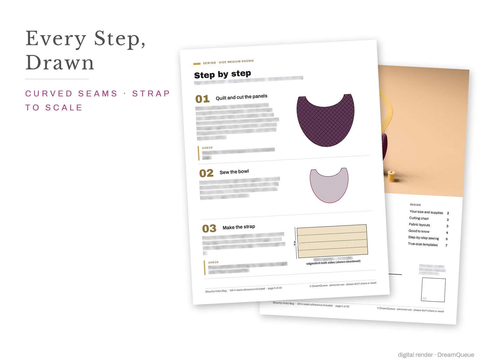 Slouchy Hobo Bag construction diagrams, step by step