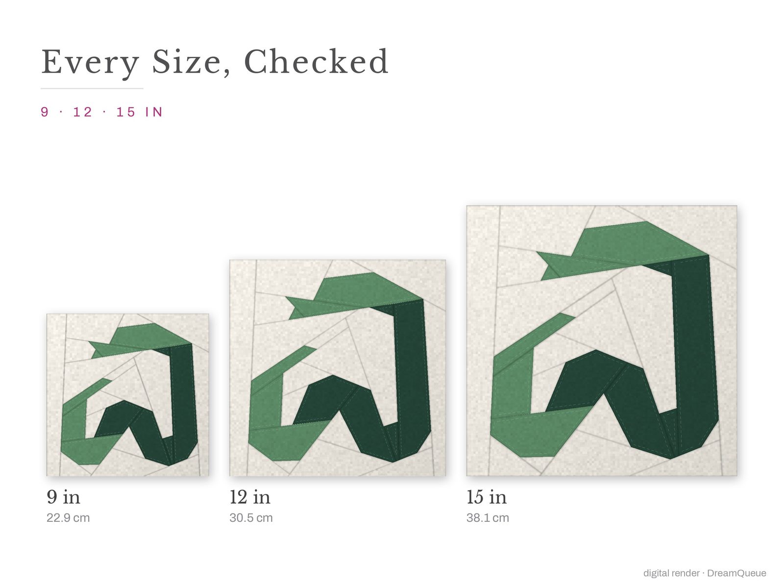 The Coiled Snake quilt block at every finished size: 9, 12 and 15 inch