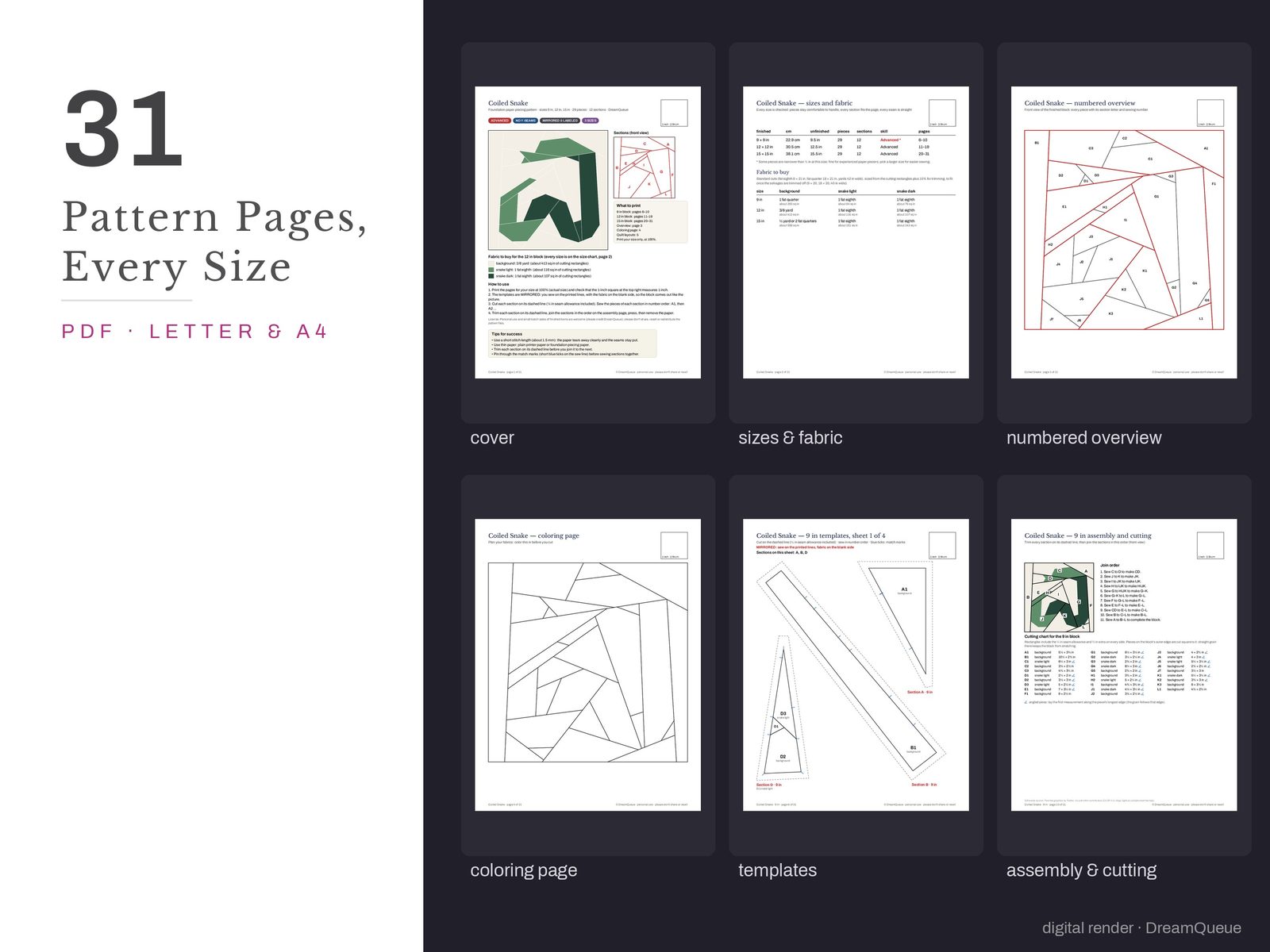 Thumbnails of the Coiled Snake quilt block pattern pages: cover, size and fabric chart, numbered overview, coloring page, templates, assembly and cutting chart