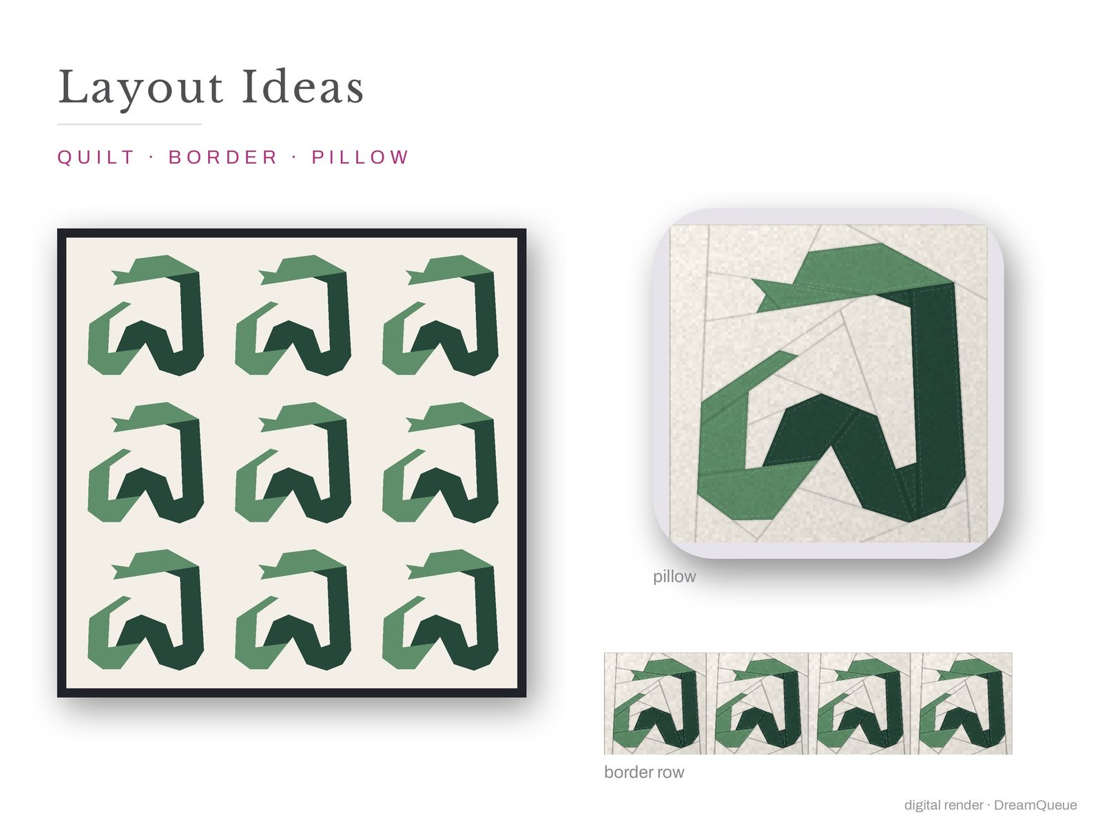Layout ideas for the Coiled Snake quilt block: a full quilt, a border row and a pillow