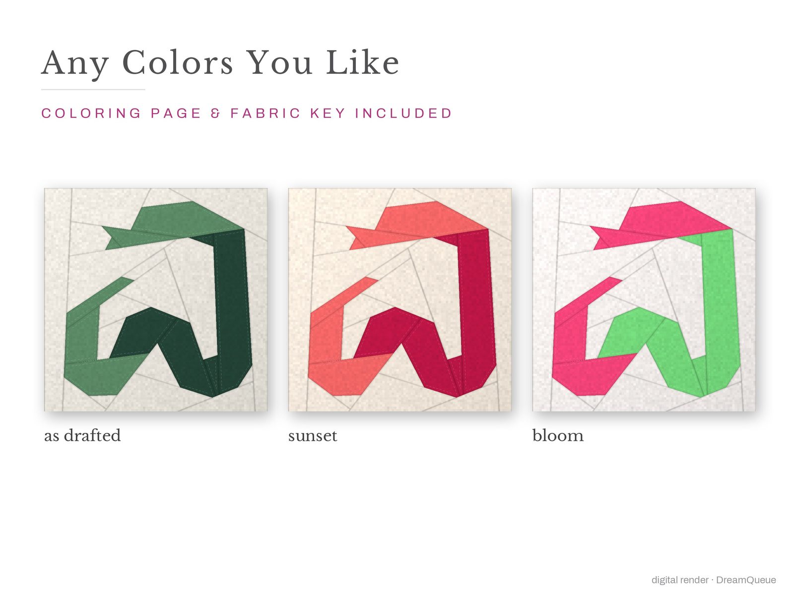 The Coiled Snake quilt block in three colorways, as drafted, pastel and jewel tones; a coloring page and fabric key are included