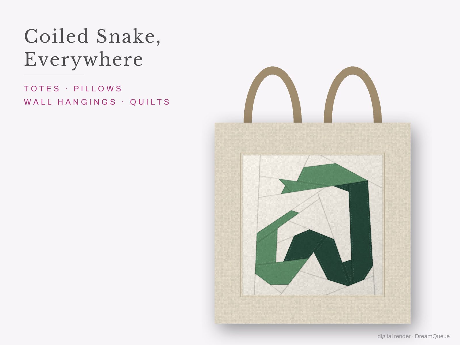 The Coiled Snake quilt block sewn into a tote bag, one idea for totes, pillows, wall hangings and quilts