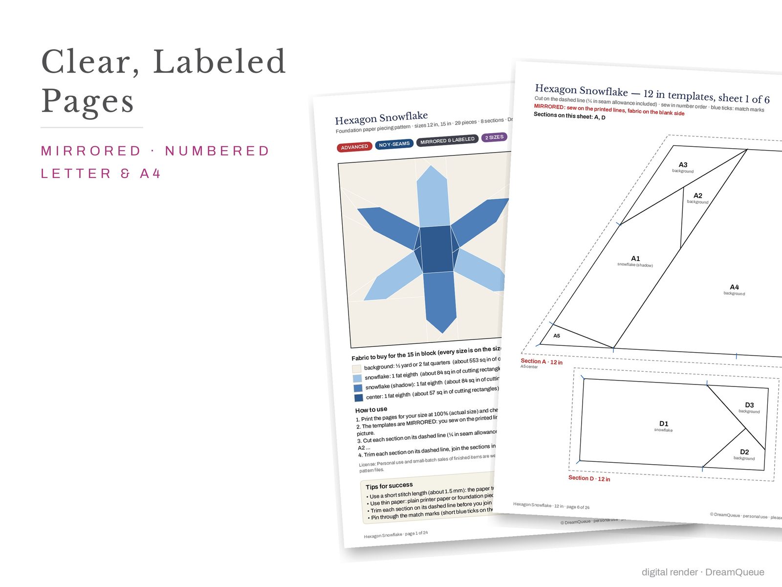 Cover page and a mirrored, numbered template sheet from the Hexagon Snowflake quilt block FPP pattern