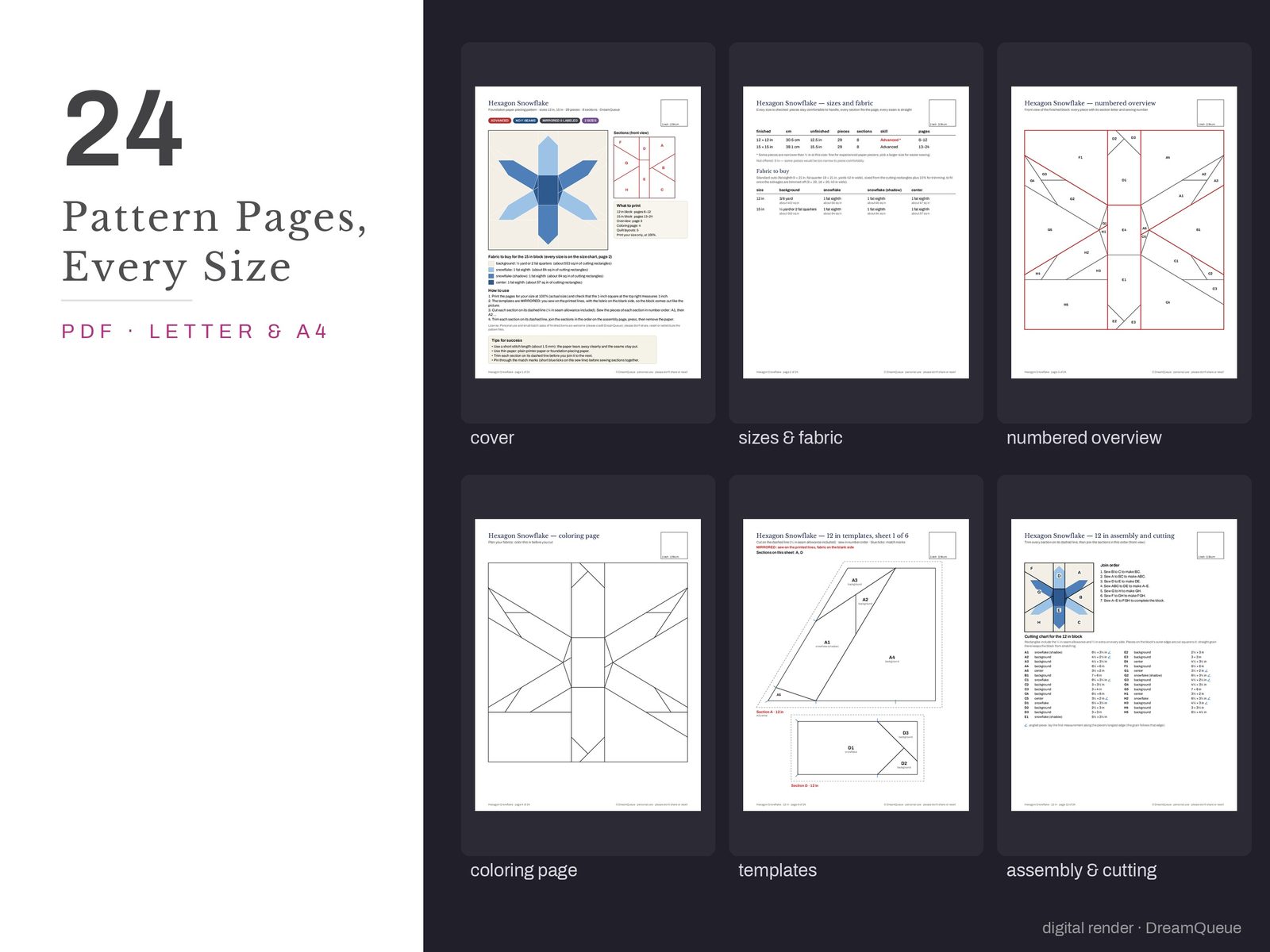 Thumbnails of the Hexagon Snowflake quilt block pattern pages: cover, size and fabric chart, numbered overview, coloring page, templates, assembly and cutting chart