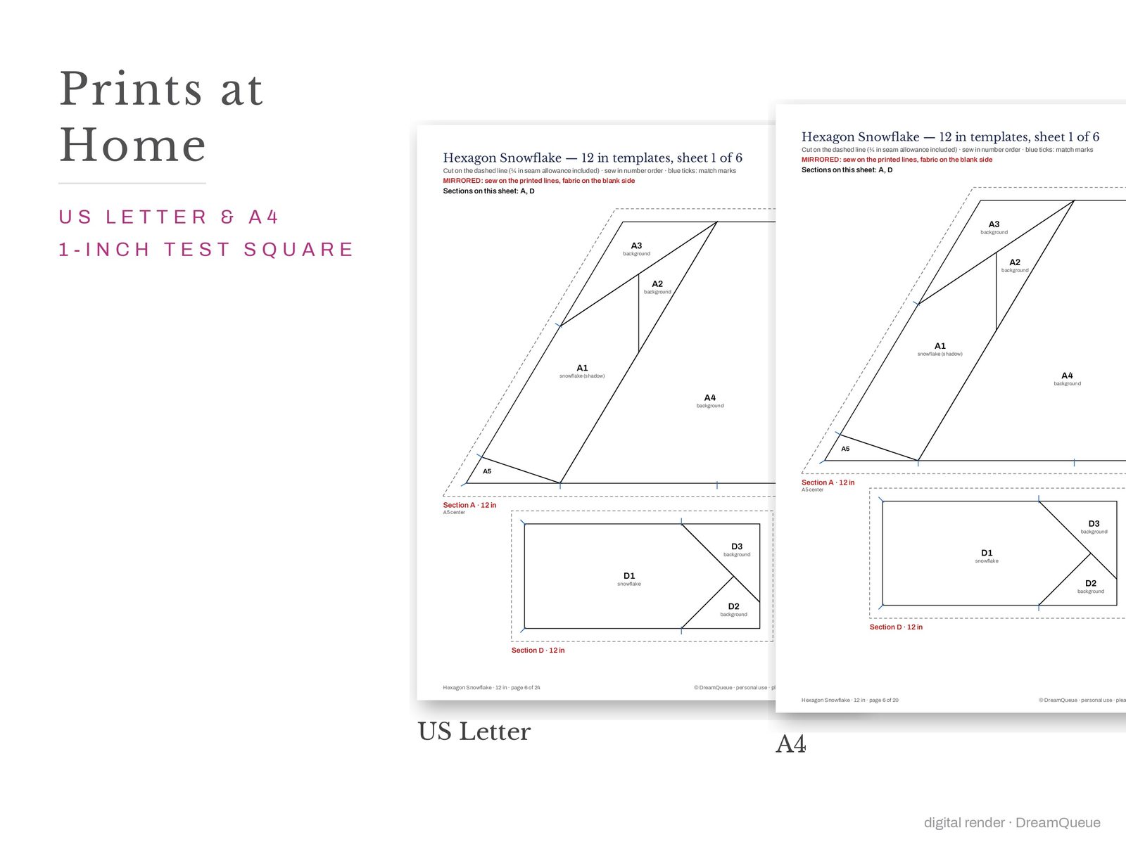 Hexagon snowflake quilt block templates printed on US Letter and A4 paper with a 1-inch test square to check the print scale