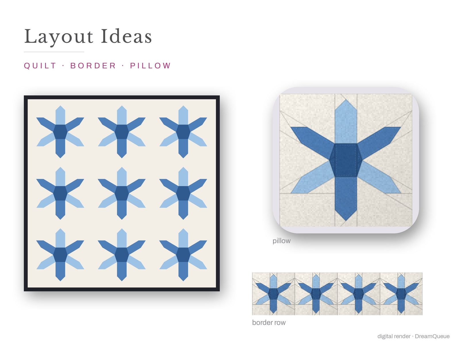 Layout ideas for the Hexagon Snowflake quilt block: a full quilt, a border row and a pillow