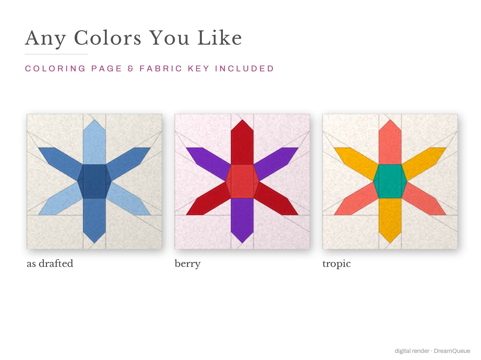 The Hexagon Snowflake quilt block in three colorways, as drafted, pastel and jewel tones; a coloring page and fabric key are included