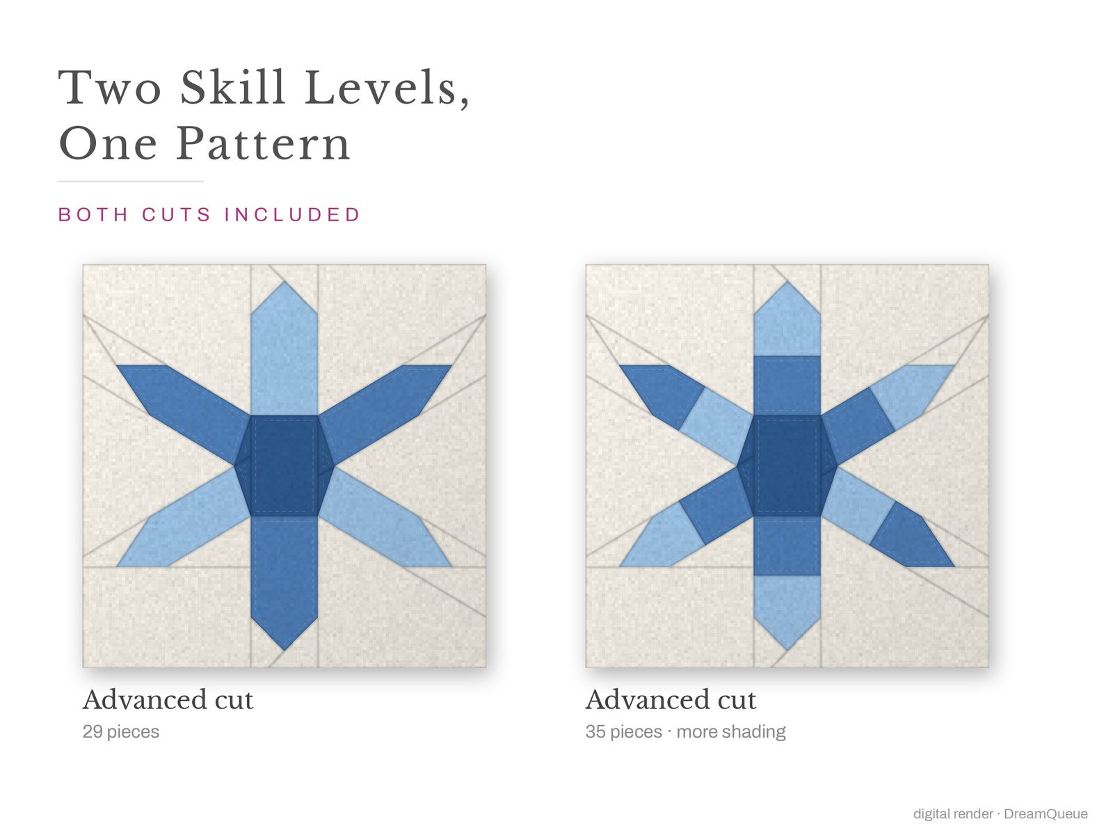 Hexagon Snowflake: Skill level advanced: no Y-seams, mirrored and labeled templates, every size checked, pieces numbered in sewing order, cutting chart and fabric to buy