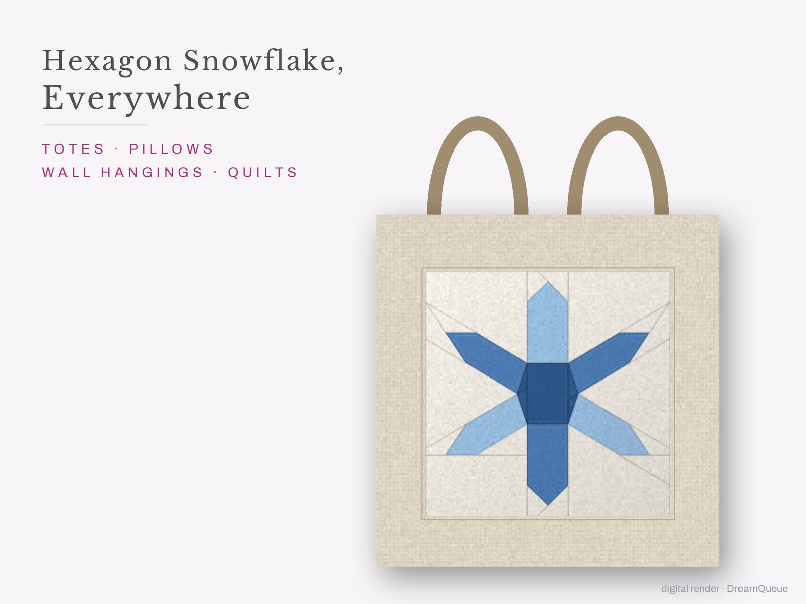 The Hexagon Snowflake quilt block sewn into a tote bag, one idea for totes, pillows, wall hangings and quilts