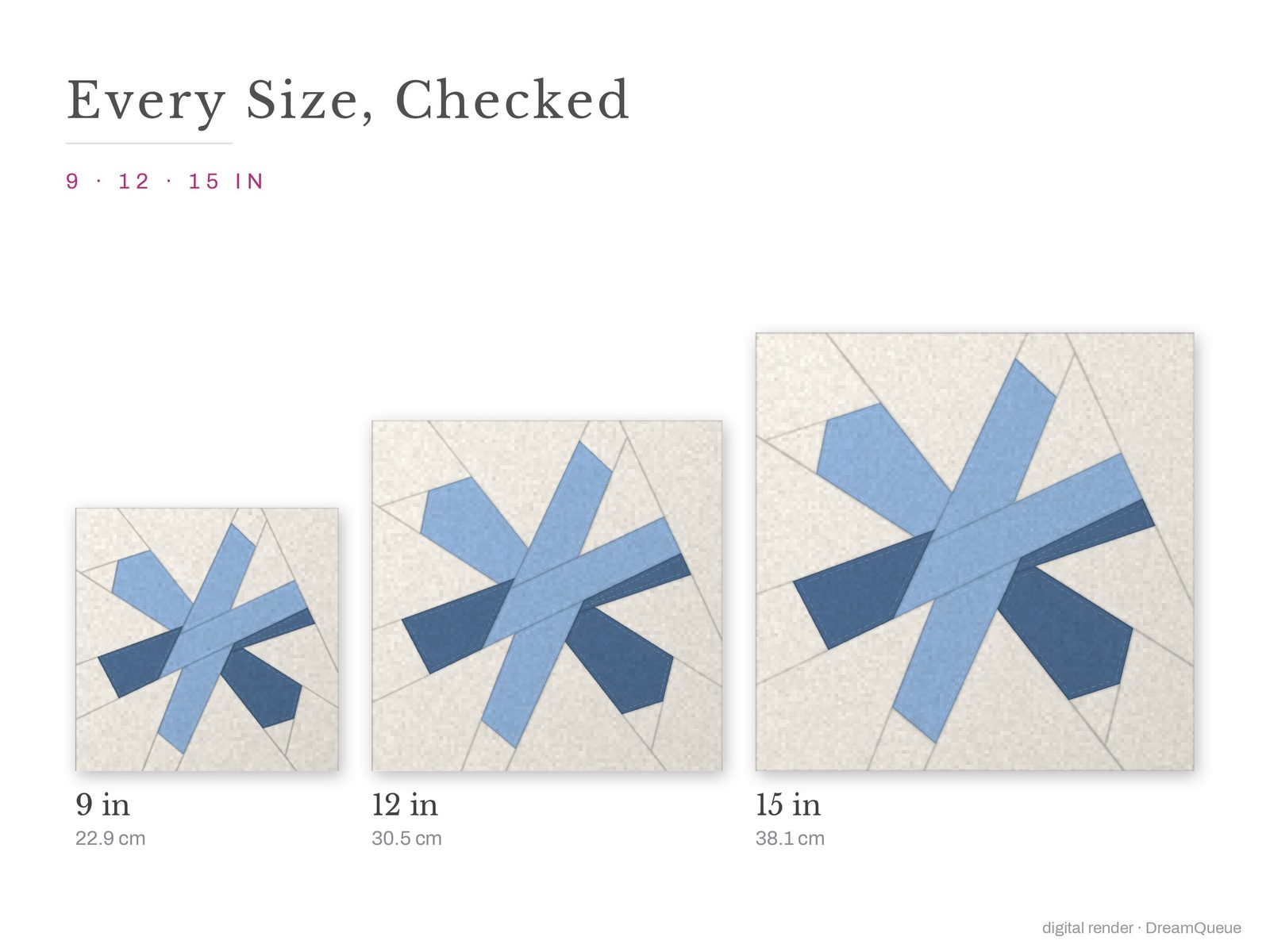 The Crossed Snowflake quilt block at every finished size: 9, 12 and 15 inch