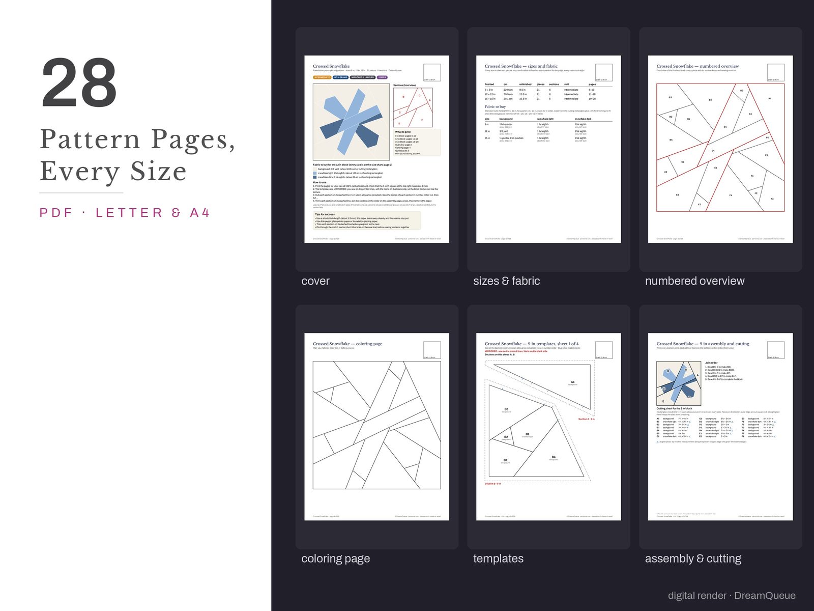 Thumbnails of the Crossed Snowflake quilt block pattern pages: cover, size and fabric chart, numbered overview, coloring page, templates, assembly and cutting chart