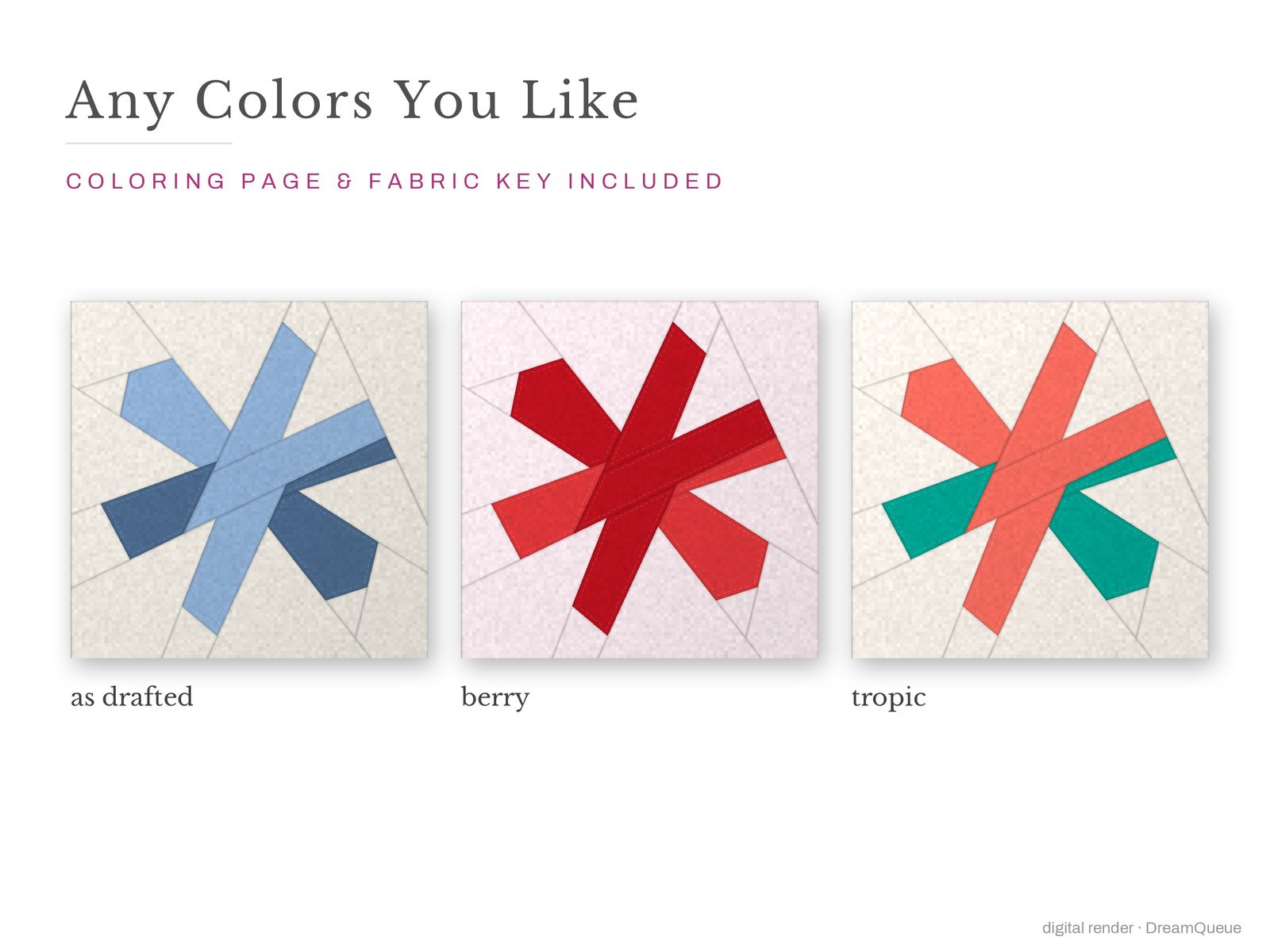 The Crossed Snowflake quilt block in three colorways, as drafted, pastel and jewel tones; a coloring page and fabric key are included