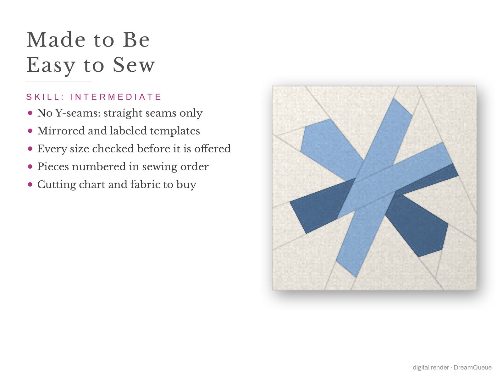 Crossed Snowflake: Skill level intermediate: no Y-seams, mirrored and labeled templates, every size checked, pieces numbered in sewing order, cutting chart and fabric to buy