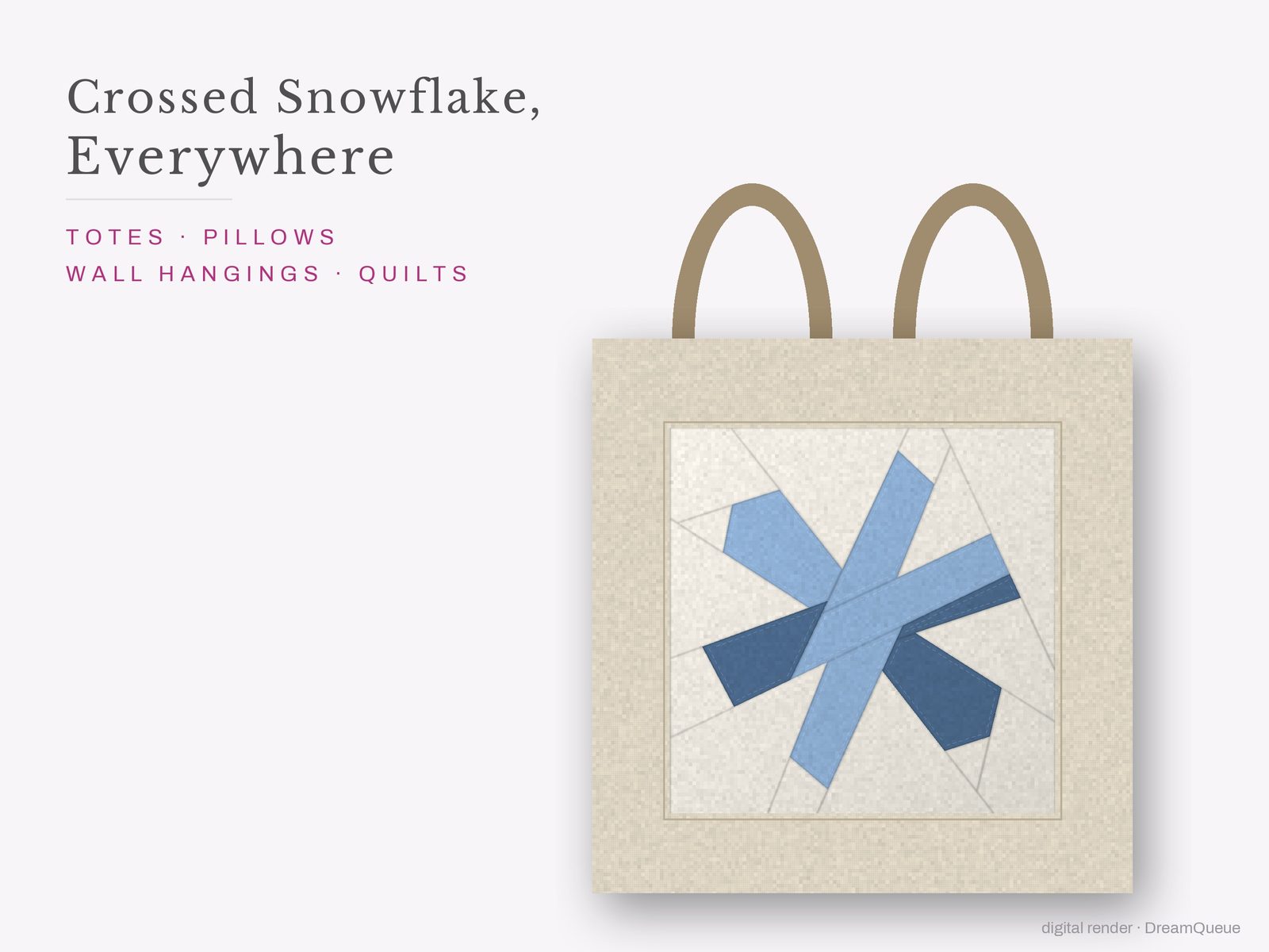 The Crossed Snowflake quilt block sewn into a tote bag, one idea for totes, pillows, wall hangings and quilts