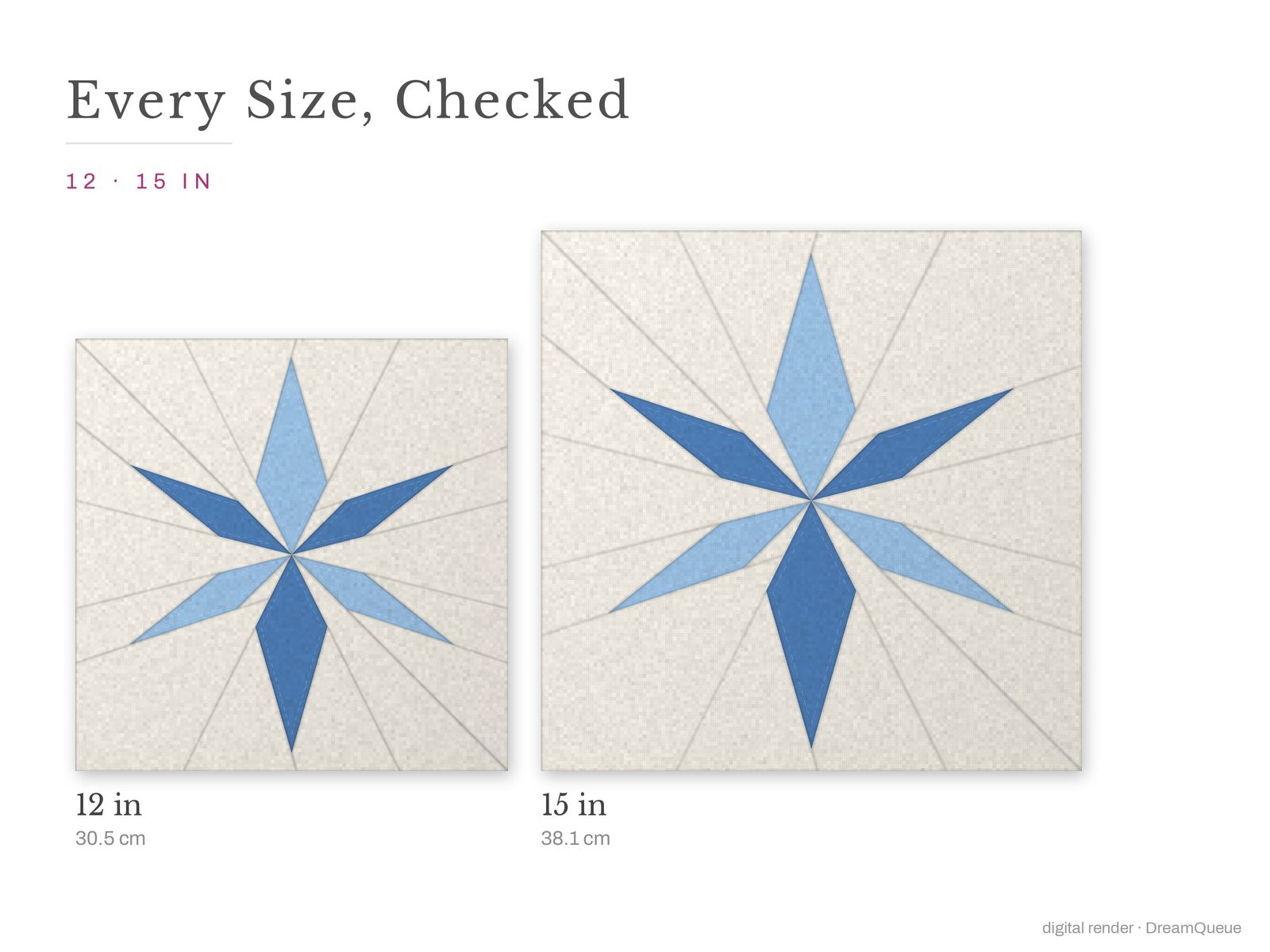 The Snowflake quilt block at every finished size: 12 and 15 inch