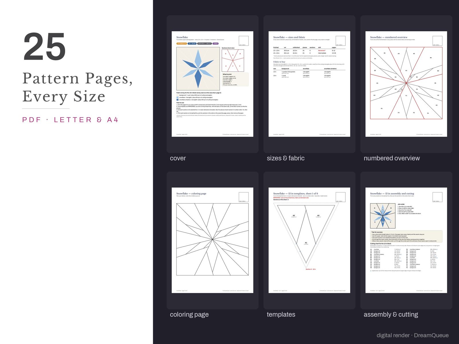 Thumbnails of the Snowflake quilt block pattern pages: cover, size and fabric chart, numbered overview, coloring page, templates, assembly and cutting chart