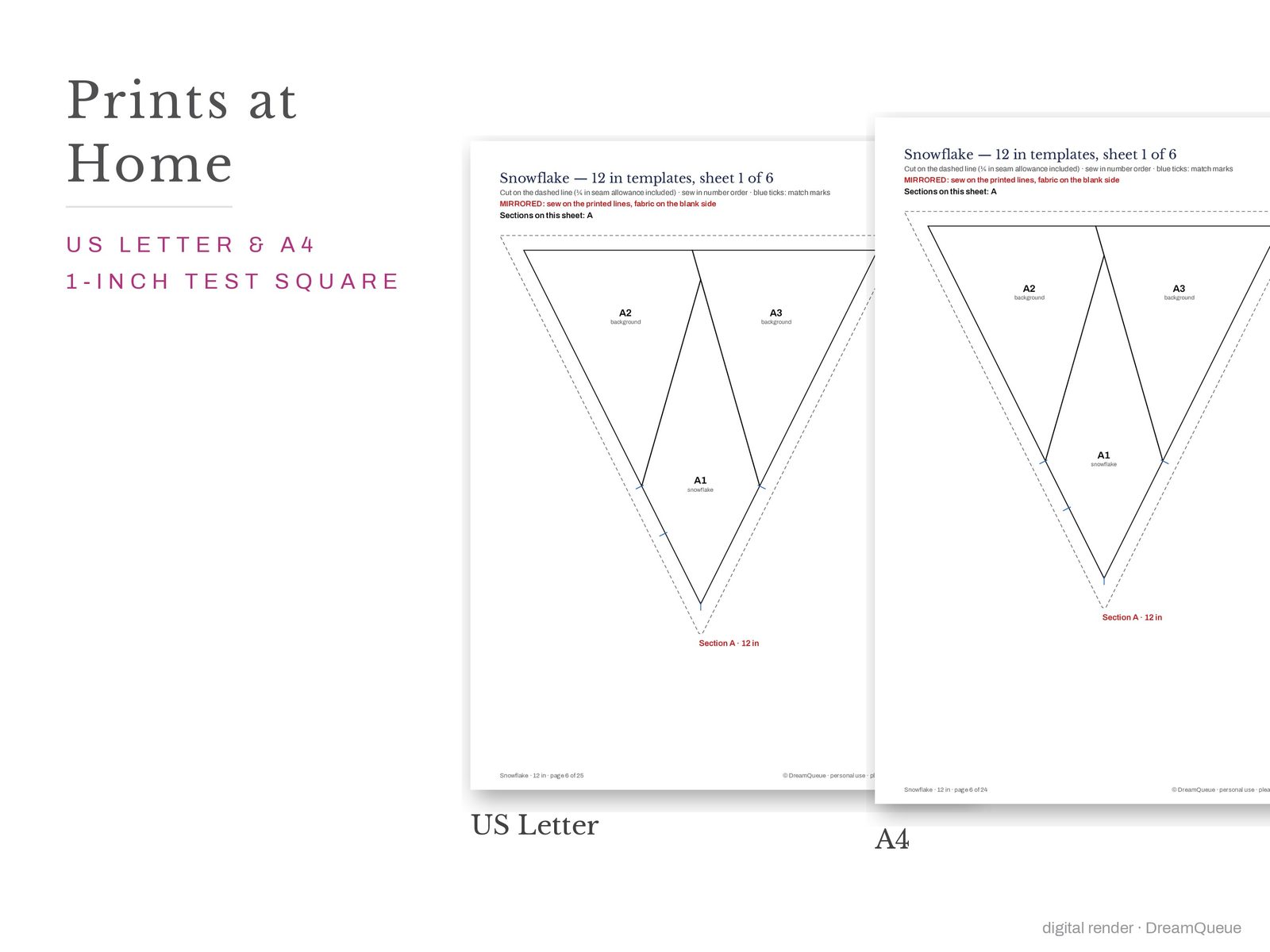 Snowflake quilt block templates printed on US Letter and A4 paper with a 1-inch test square to check the print scale