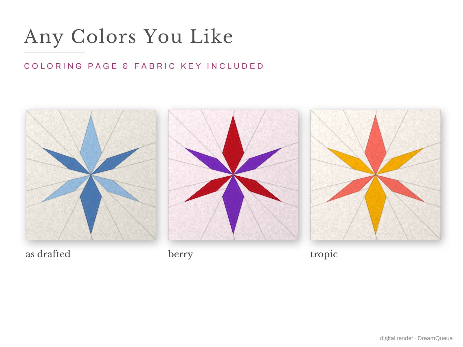 The Snowflake quilt block in three colorways, as drafted, pastel and jewel tones; a coloring page and fabric key are included