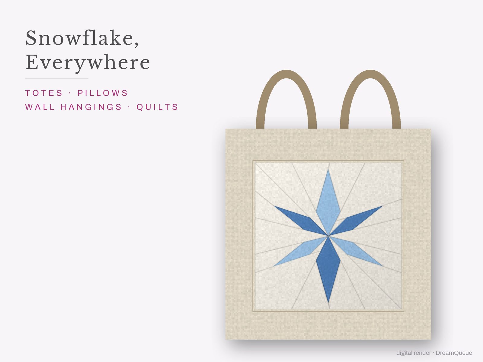 The Snowflake quilt block sewn into a tote bag, one idea for totes, pillows, wall hangings and quilts