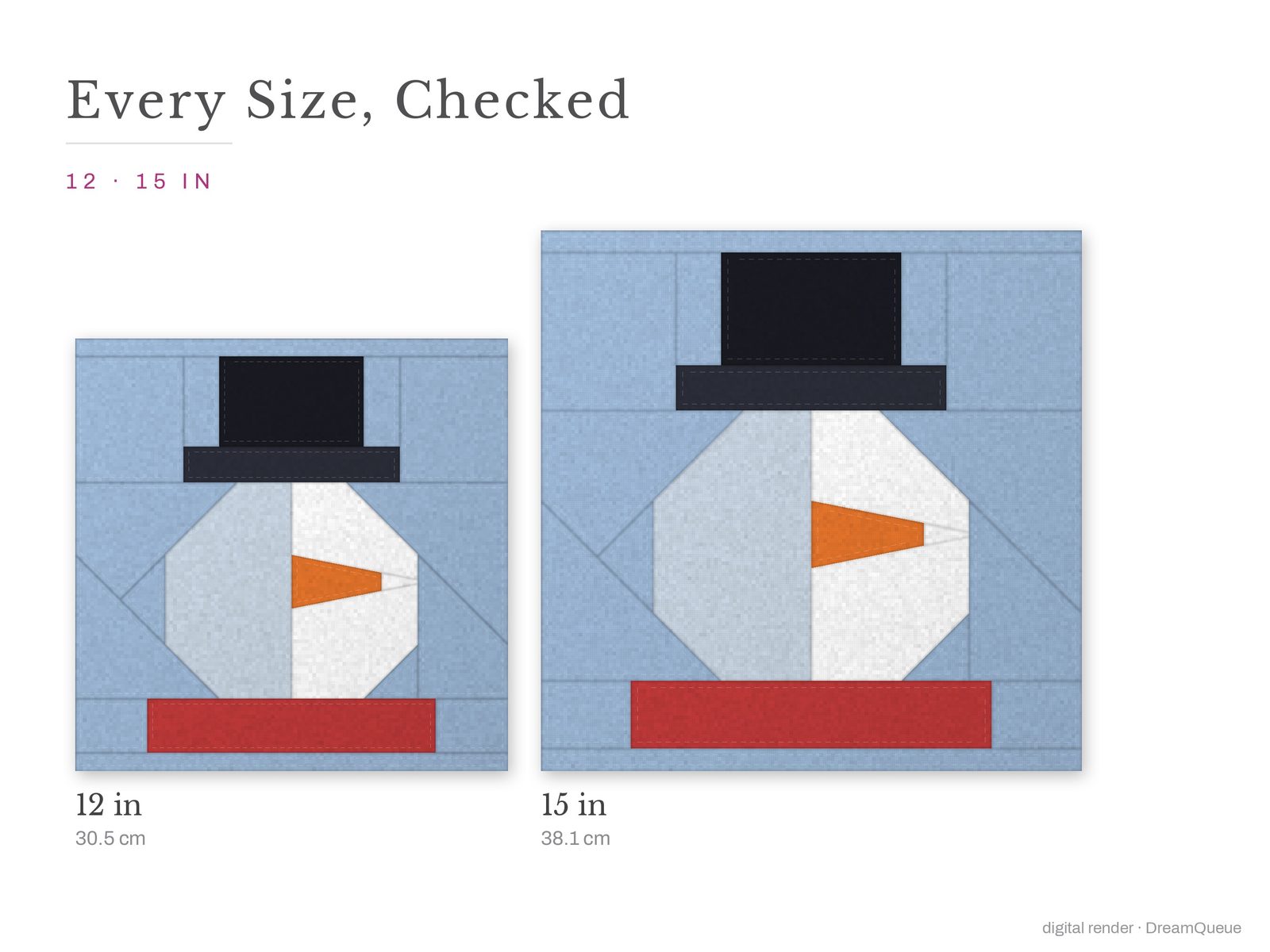 The Snowman quilt block at every finished size: 12 and 15 inch