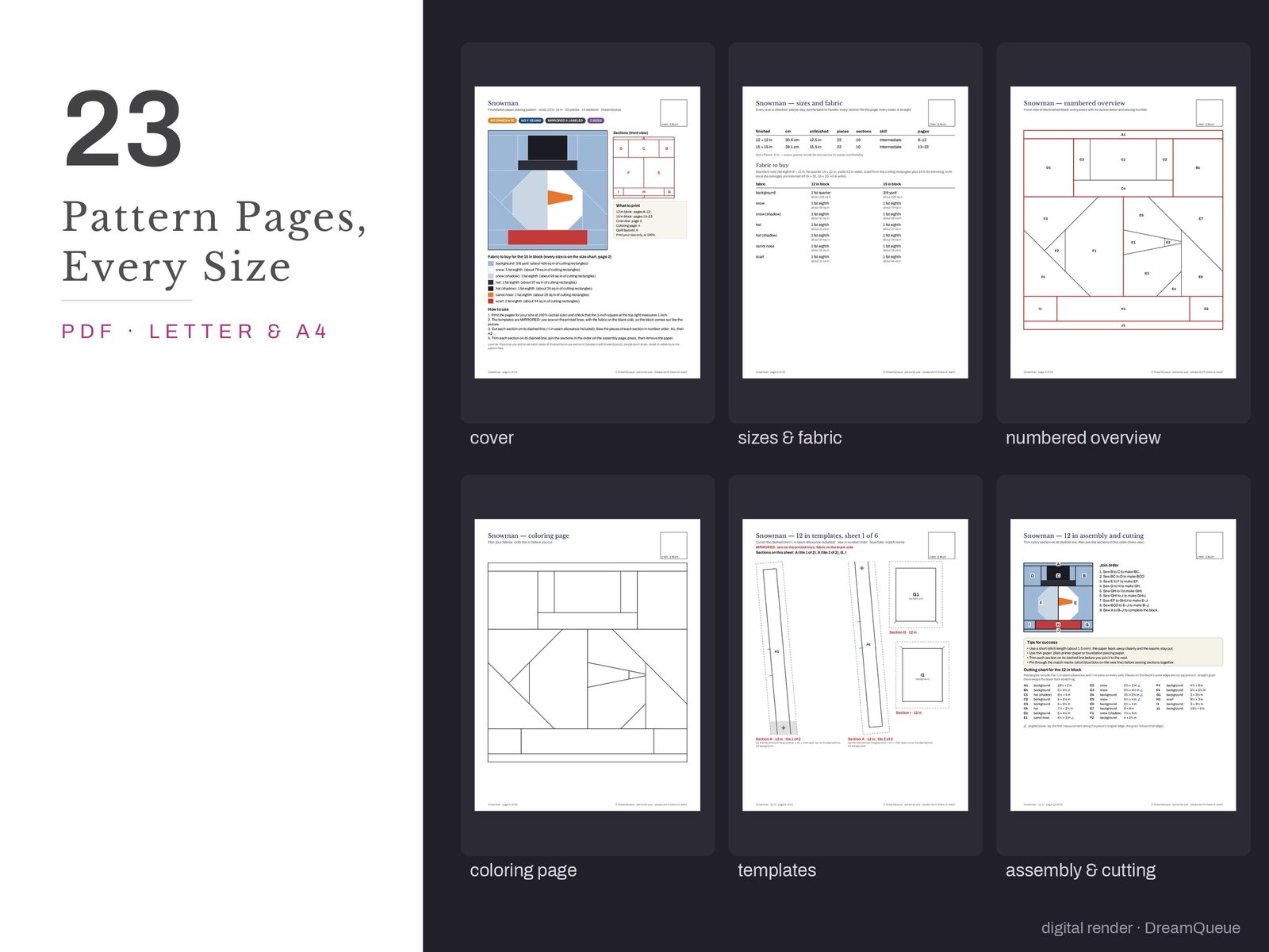 Thumbnails of the Snowman quilt block pattern pages: cover, size and fabric chart, numbered overview, coloring page, templates, assembly and cutting chart