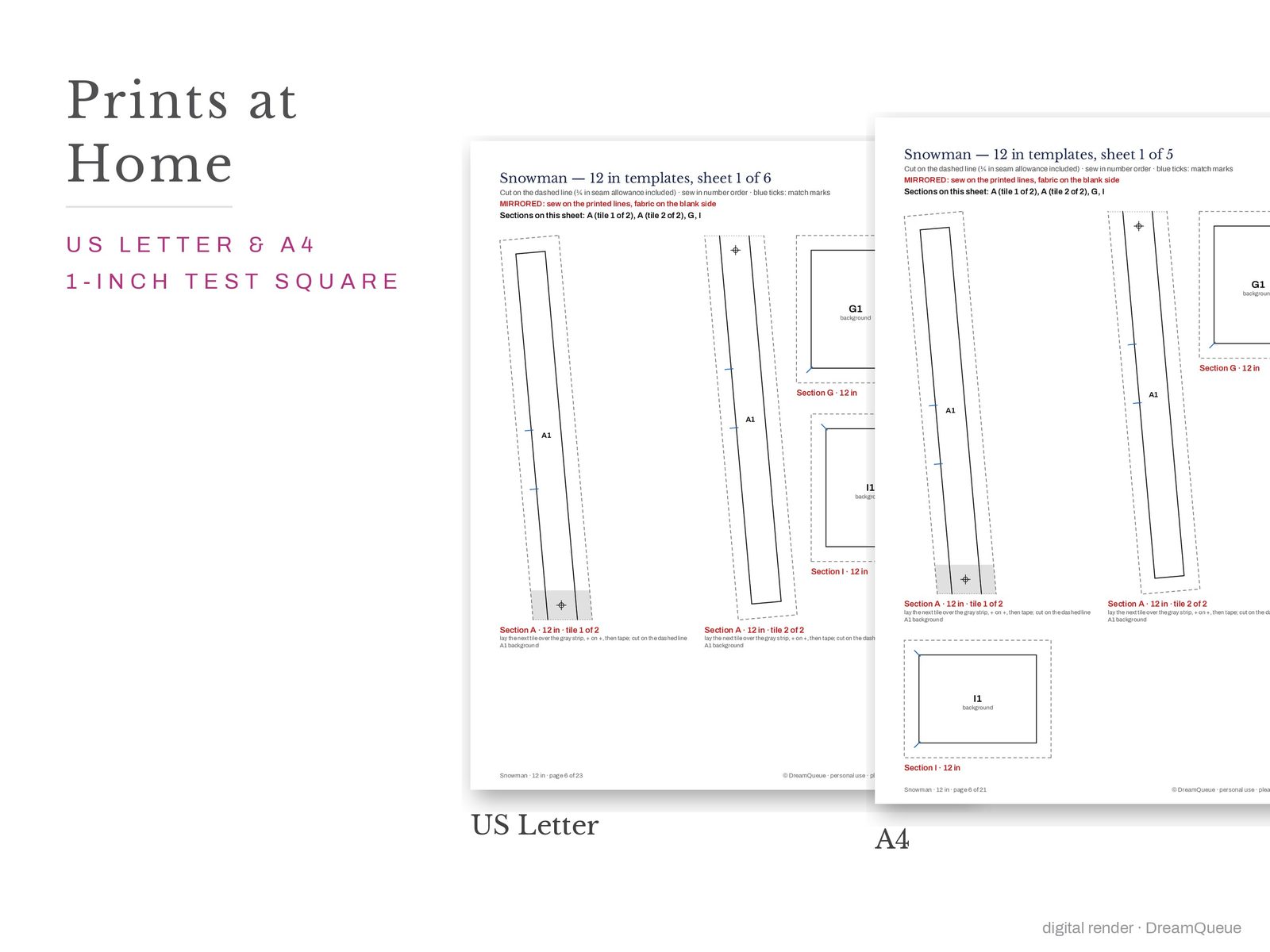 Snowman quilt block templates printed on US Letter and A4 paper with a 1-inch test square to check the print scale