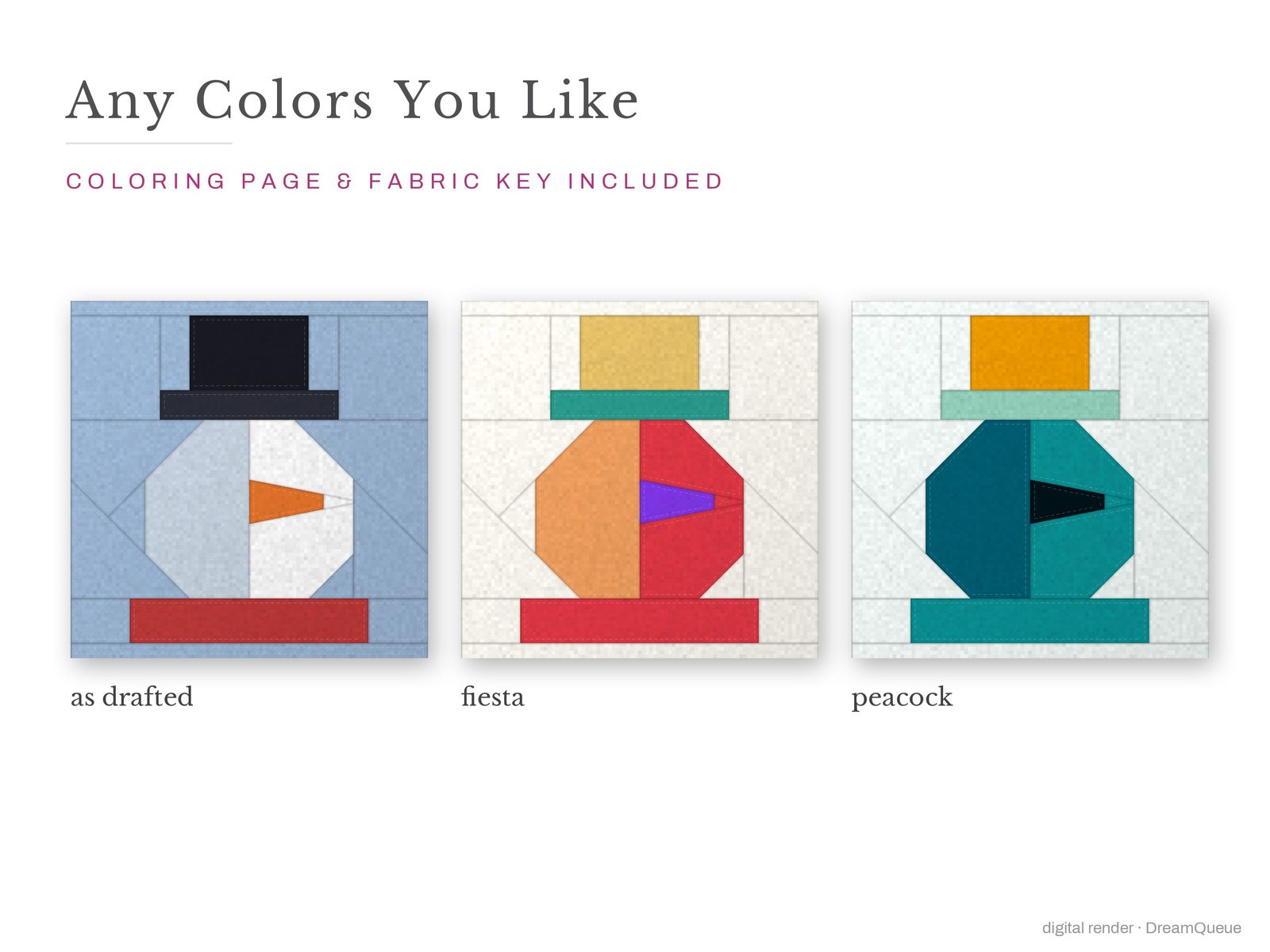 The Snowman quilt block in three colorways, as drafted, pastel and jewel tones; a coloring page and fabric key are included