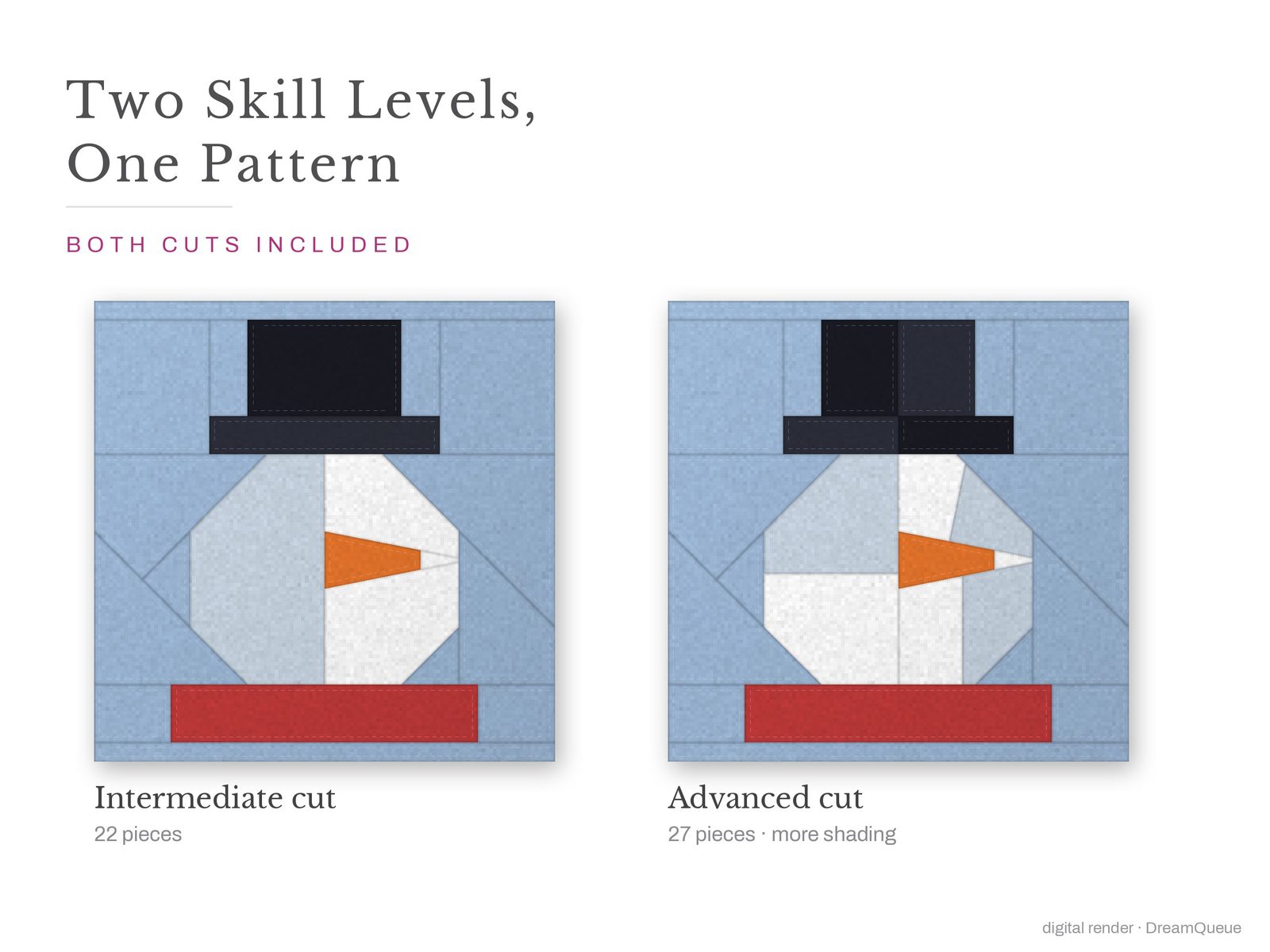 Snowman: Skill level intermediate: no Y-seams, mirrored and labeled templates, every size checked, pieces numbered in sewing order, cutting chart and fabric to buy