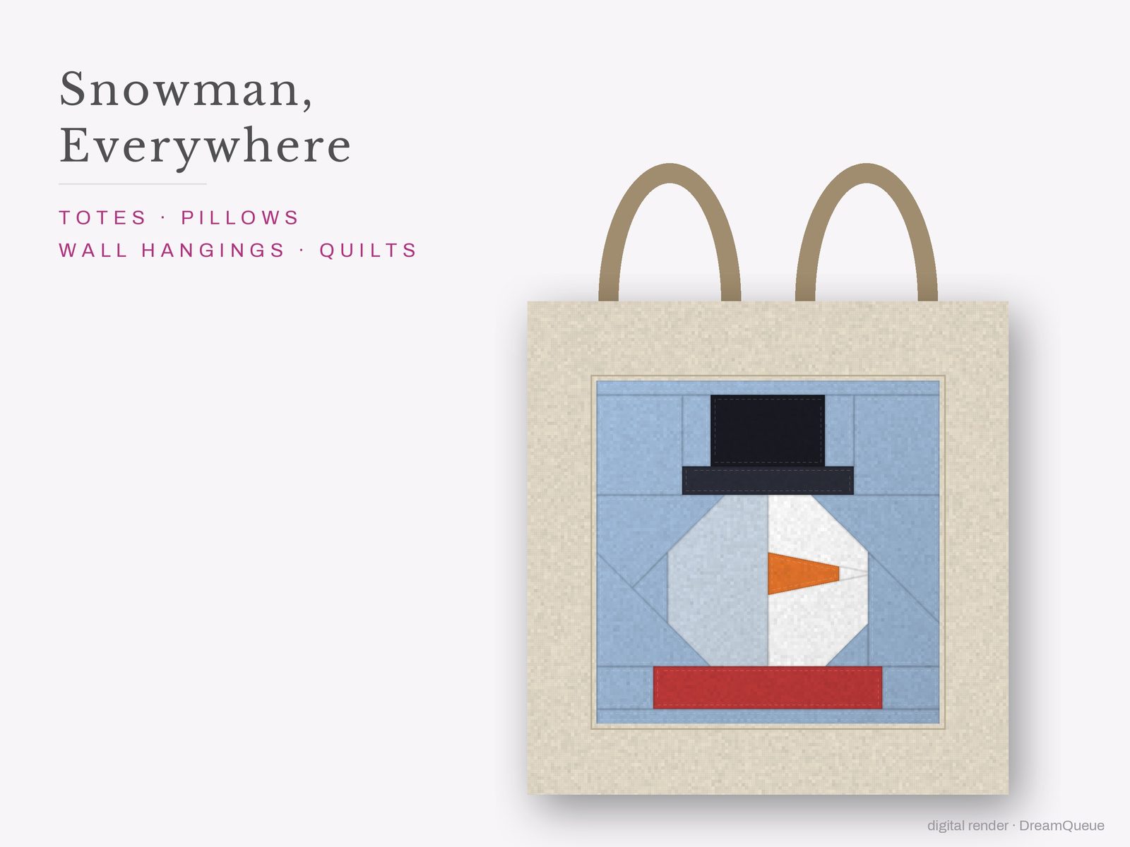 The Snowman quilt block sewn into a tote bag, one idea for totes, pillows, wall hangings and quilts