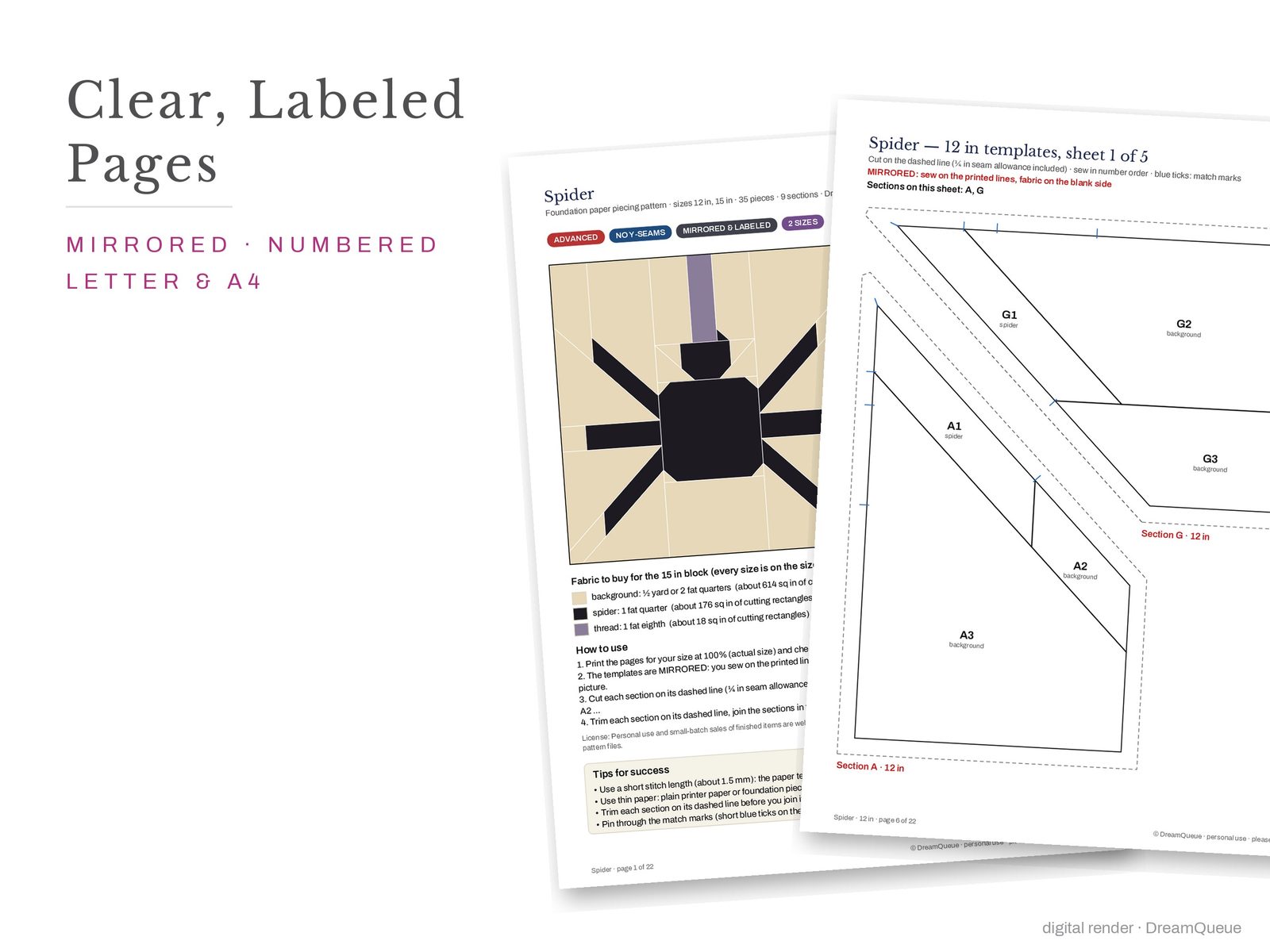 Cover page and a mirrored, numbered template sheet from the Spider quilt block FPP pattern