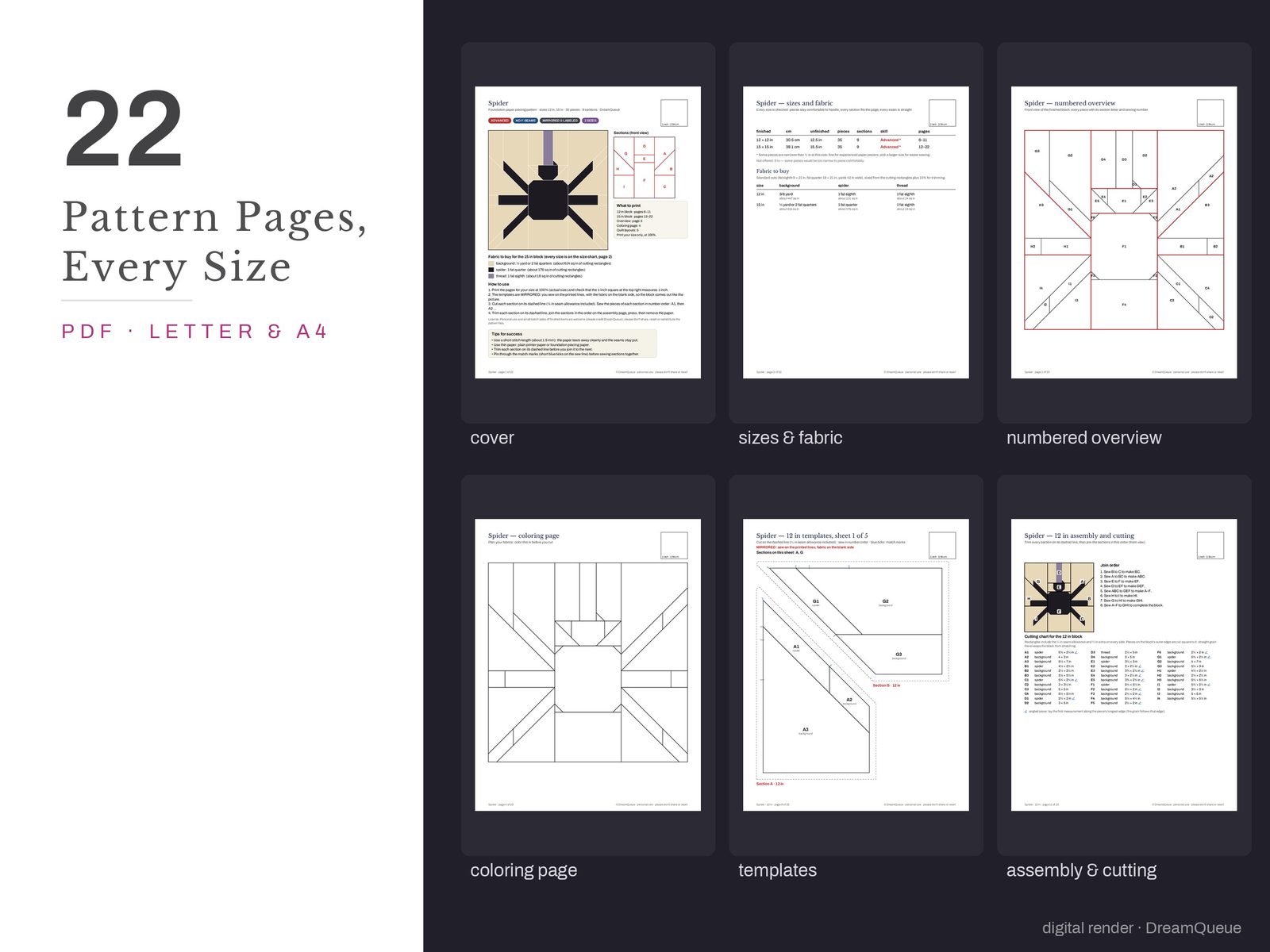Thumbnails of the Spider quilt block pattern pages: cover, size and fabric chart, numbered overview, coloring page, templates, assembly and cutting chart