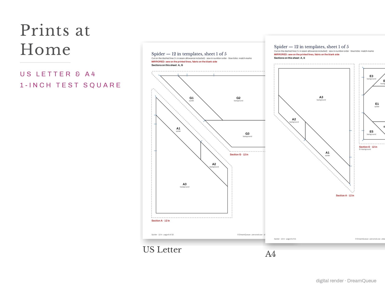 Spider quilt block templates printed on US Letter and A4 paper with a 1-inch test square to check the print scale
