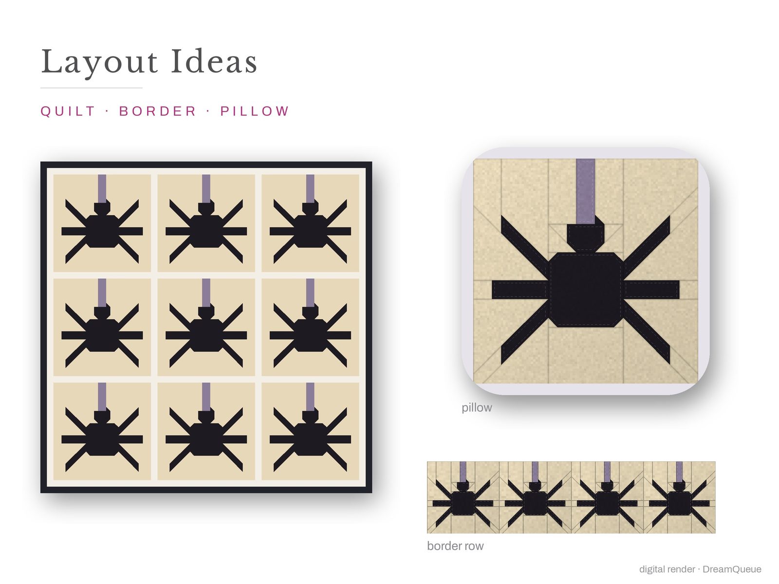 Layout ideas for the Spider quilt block: a full quilt, a border row and a pillow