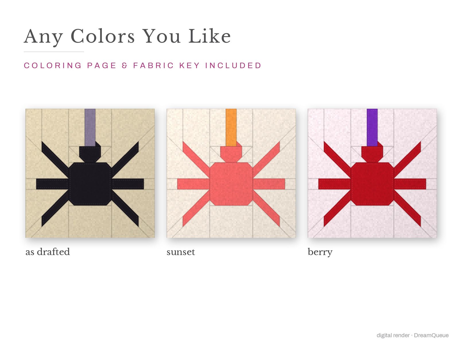 The Spider quilt block in three colorways, as drafted, pastel and jewel tones; a coloring page and fabric key are included