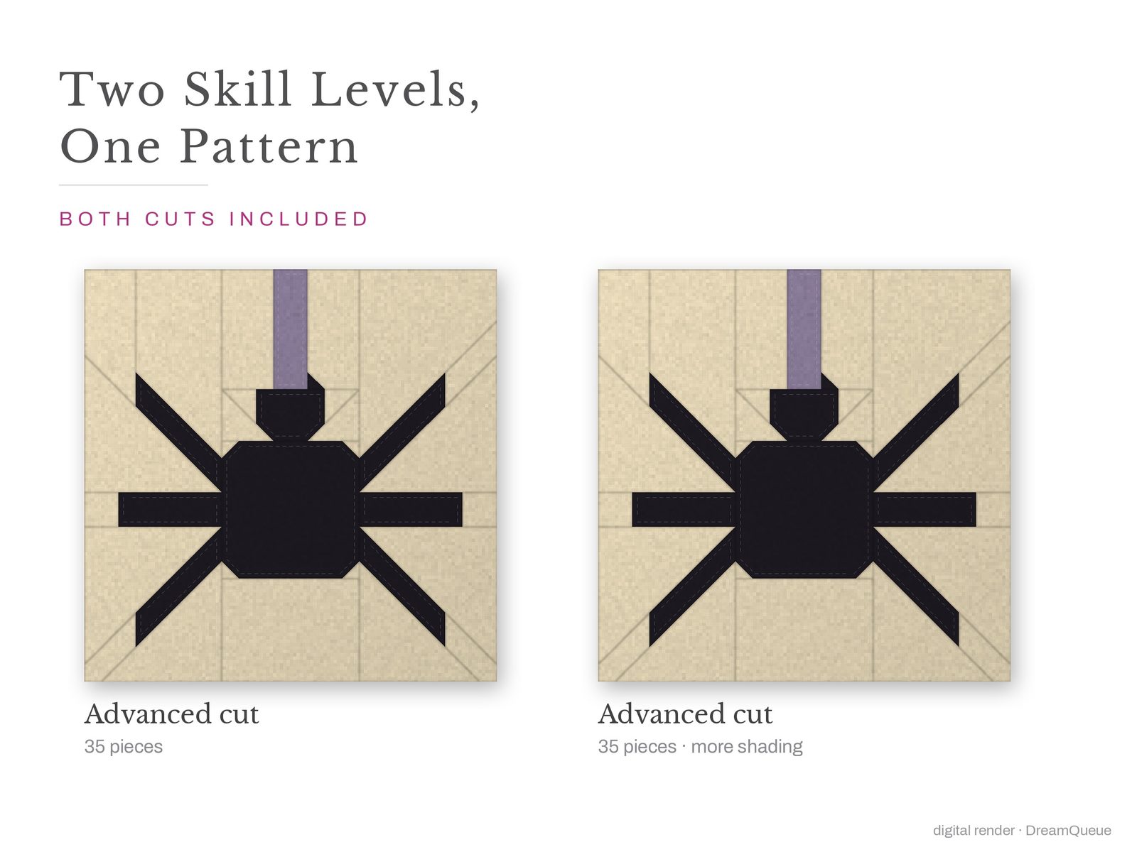 Spider: Skill level advanced: no Y-seams, mirrored and labeled templates, every size checked, pieces numbered in sewing order, cutting chart and fabric to buy