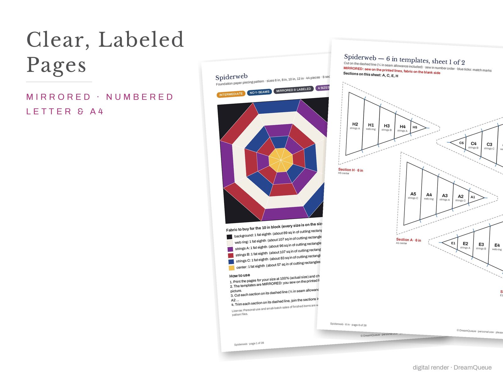 Cover page and a mirrored, numbered template sheet from the Spiderweb quilt block FPP pattern
