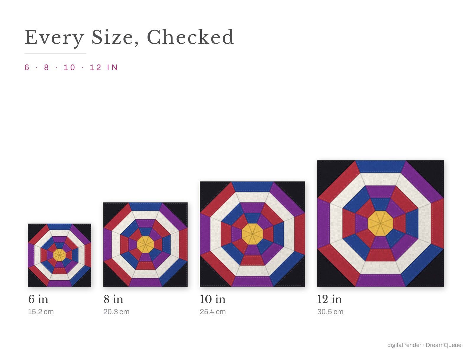 The Spiderweb quilt block at every finished size: 6, 8, 10 and 12 inch