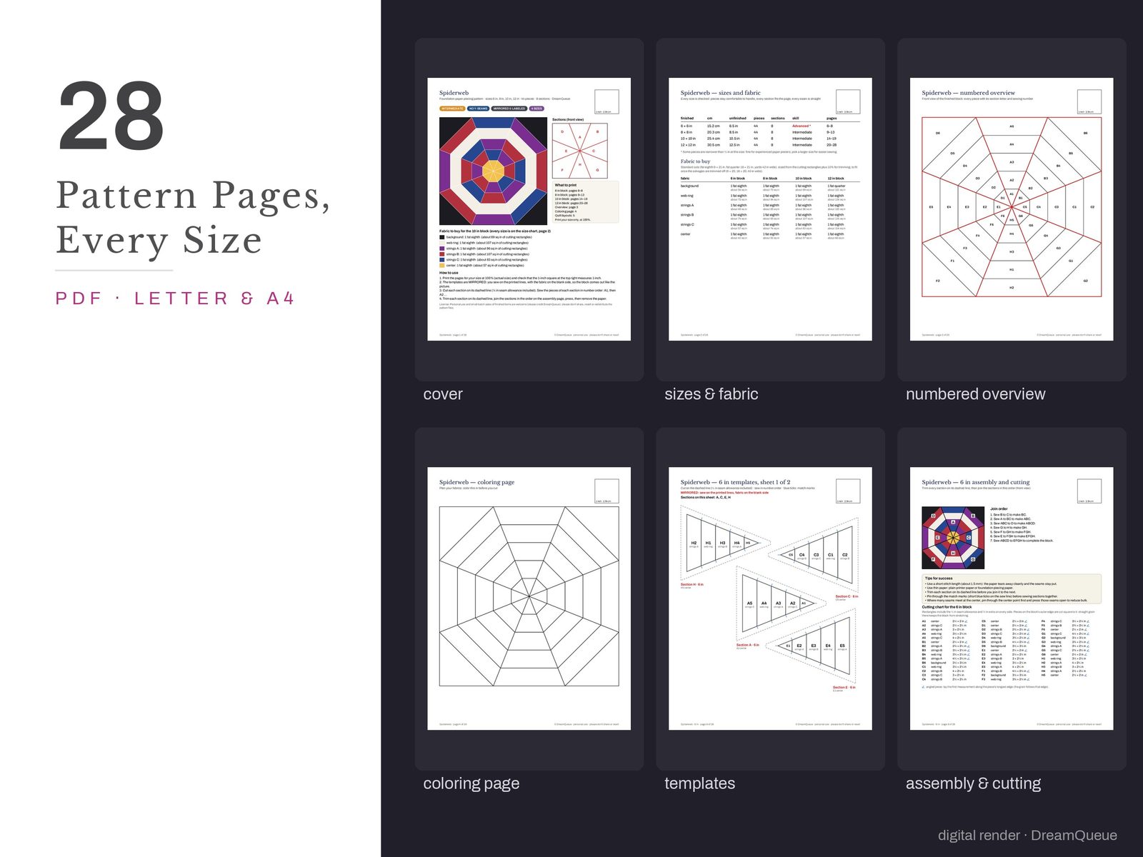 Thumbnails of the Spiderweb quilt block pattern pages: cover, size and fabric chart, numbered overview, coloring page, templates, assembly and cutting chart