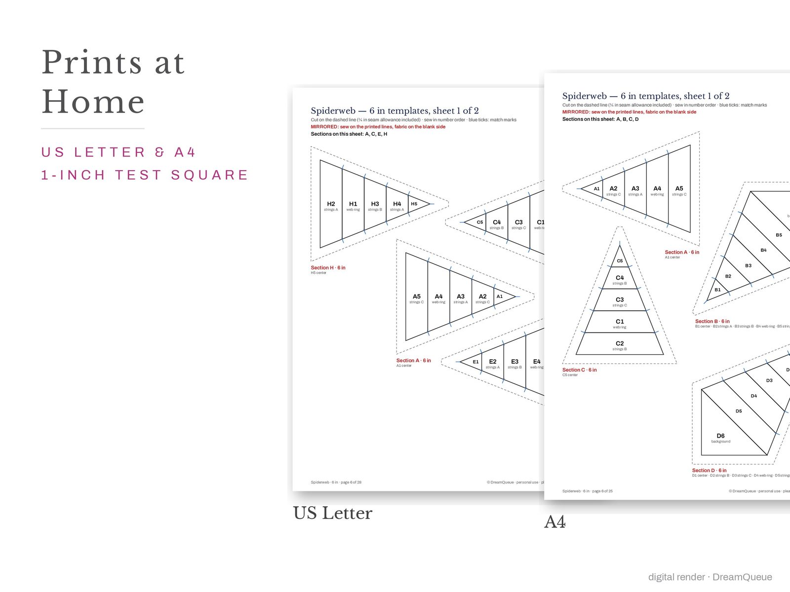 Spiderweb quilt block templates printed on US Letter and A4 paper with a 1-inch test square to check the print scale