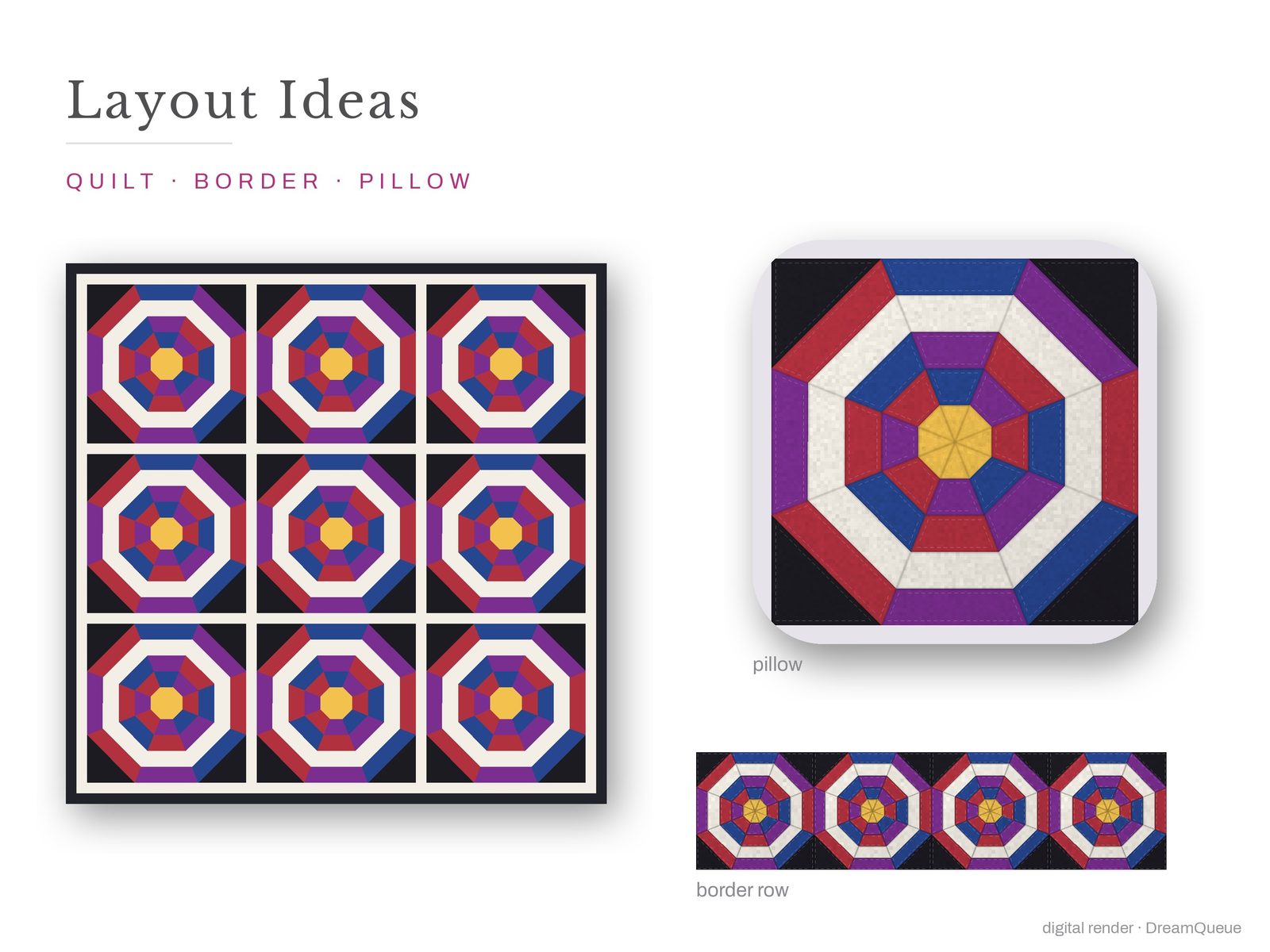 Layout ideas for the Spiderweb quilt block: a full quilt, a border row and a pillow