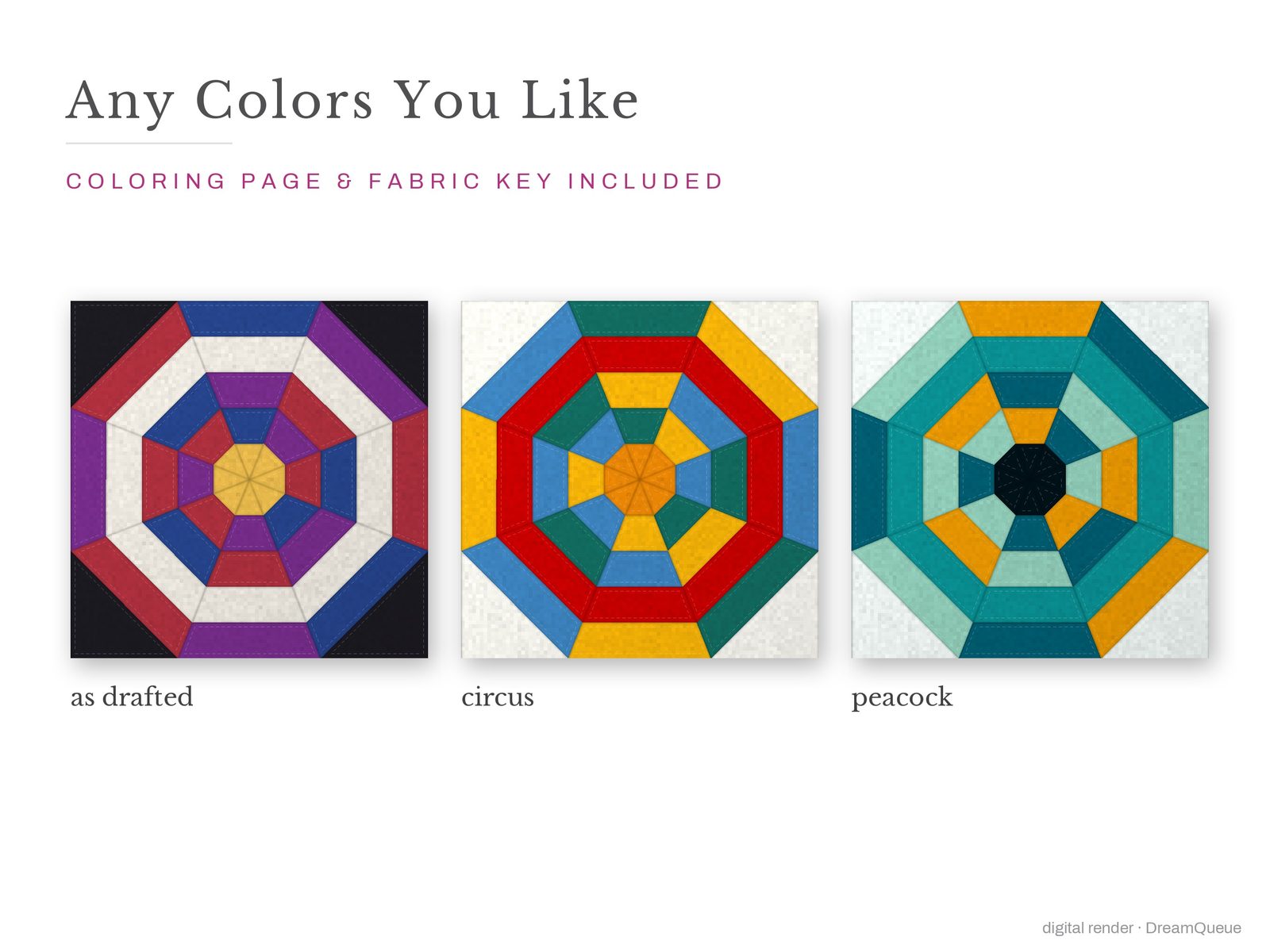 The Spiderweb quilt block in three colorways, as drafted, pastel and jewel tones; a coloring page and fabric key are included