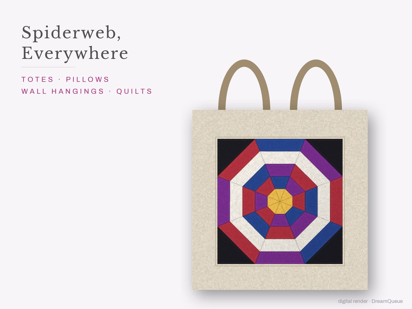 The Spiderweb quilt block sewn into a tote bag, one idea for totes, pillows, wall hangings and quilts
